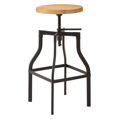 Height Adjustable Ash Wood Seat Industrial Style Bar Stool