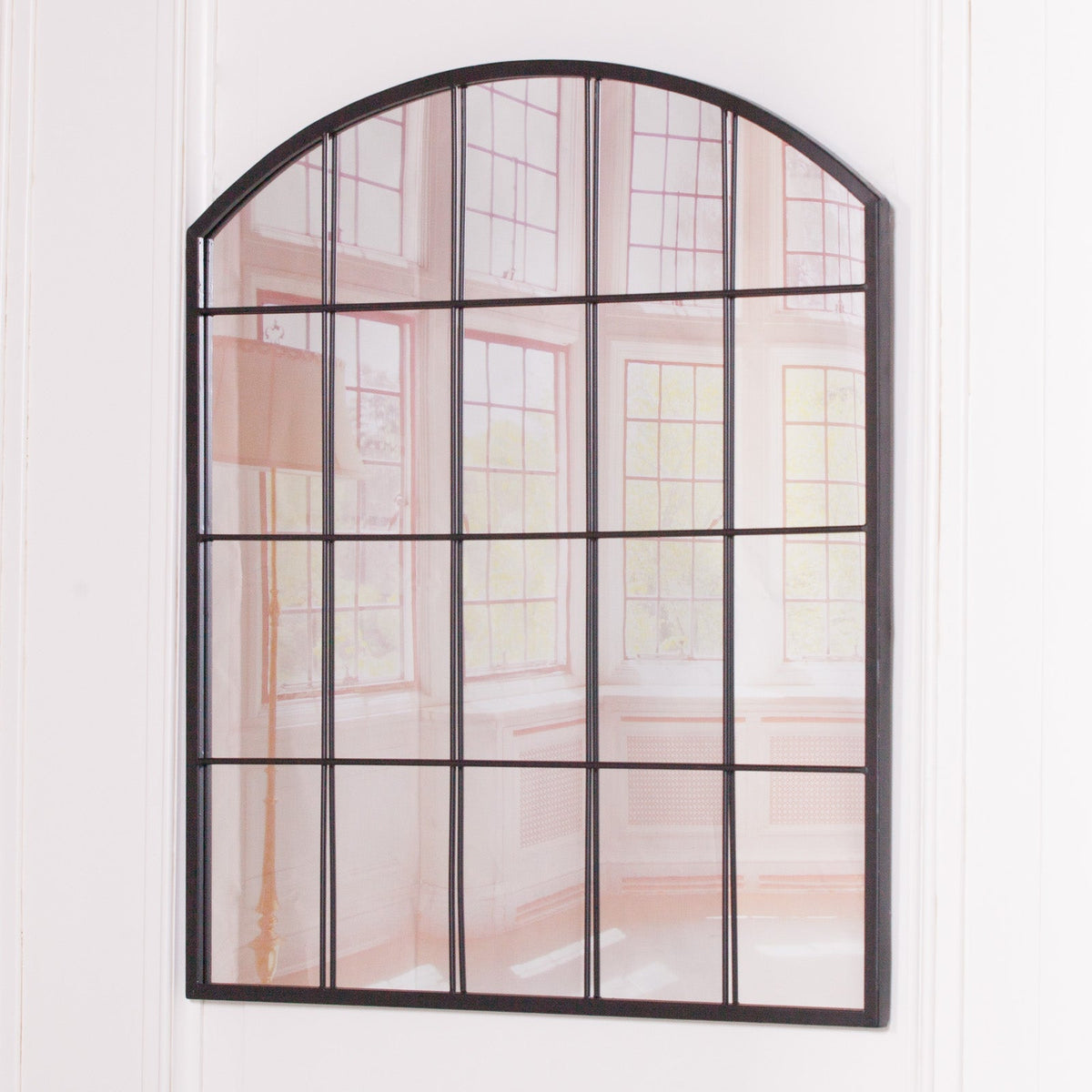 Black Metal Window Grid Mirror - Curved