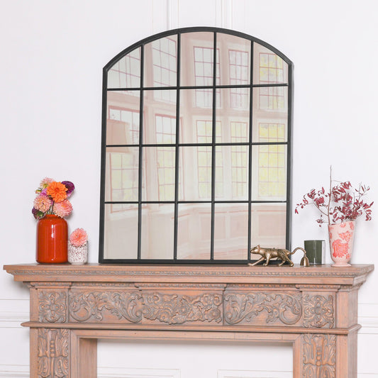 Black Metal Window Grid Mirror - Curved