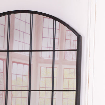 Black Metal Window Grid Mirror - Curved